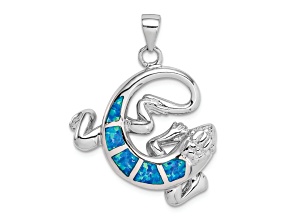 Rhodium Over Sterling Silver Lab Created Blue Opal Gecko Pendant