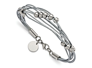 Picture of Gray Leather and Stainless Steel Polished Beaded Multi-Strand 8-inch Bracelet