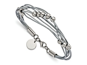 Gray Leather and Stainless Steel Polished Beaded Multi-Strand 8-inch Bracelet