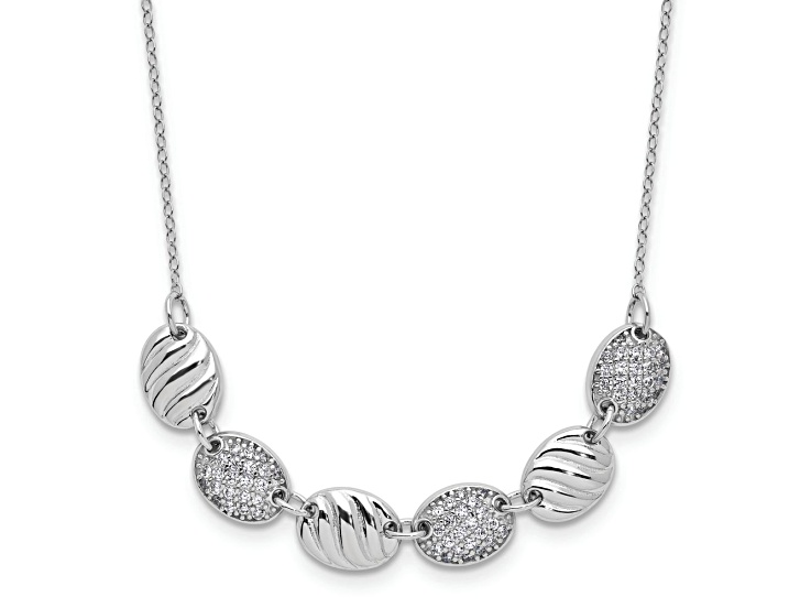 Rhodium Over Sterling Silver Polished and Grooved Cubic Zirconia Ovals Necklace
