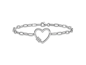 Rhodium Over Sterling Silver with Cubic Zirconia Heart Paperclip Link 7.5 Inch Bracelet