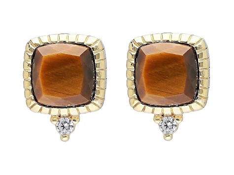 Judith Ripka 5mm Tigers Eye With Bella Luce® 14K Yellow Gold Clad Stud Earrings