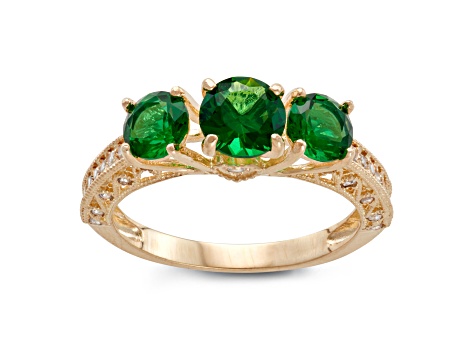 Emerald Simulant 3-Stone 10K Yellow Gold Ring 2.04ctw