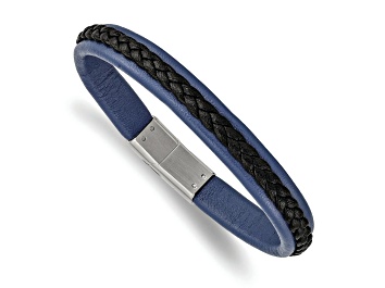 Picture of Black and Blue Faux Leather and Stainless Steel Polished 8.25-inch Bracelet