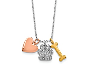 10K Two-tone Gold Over Sterling Silver CZ Paw Heart Dog Bone 2-inch Ext. Necklace