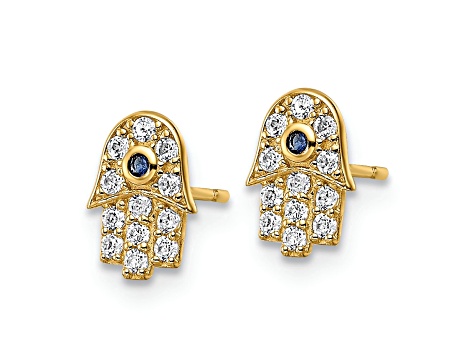 14K Yellow Gold Cubic Zirconia and Blue Glass Stone Hamsa Stud Earrings