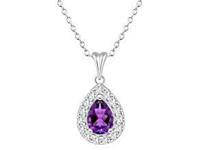 8x5mm Pear Shape Amethyst and White Topaz Accent Rhodium Over Sterling Silver Halo Pendant w/Chain