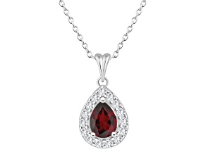8x5mm Pear Shape Garnet and White Topaz Accent Rhodium Over Sterling Silver Halo Pendant w/Chain