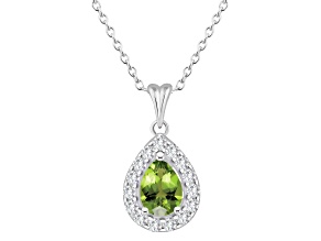 8x5mm Pear Shape Peridot and White Topaz Accent Rhodium Over Sterling Silver Halo Pendant w/Chain