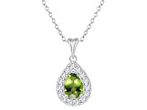 8x5mm Pear Shape Peridot and White Topaz Accent Rhodium Over Sterling Silver Halo Pendant w/Chain
