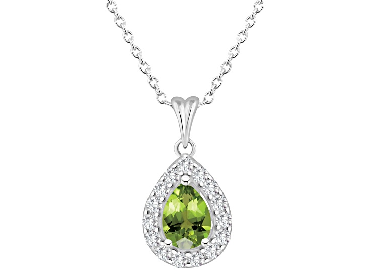 8x5mm Pear Shape Peridot and White Topaz Accent Rhodium Over Sterling Silver Halo Pendant w/Chain