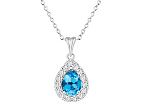 8x5mm Pear Shape Swiss Blue Topaz and White Topaz Rhodium Over Sterling Silver Halo Pendant w/Chain