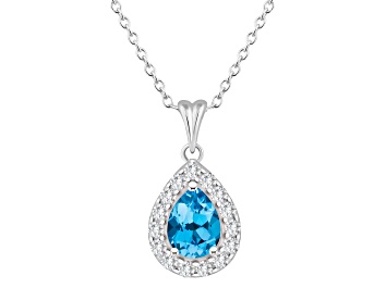 Picture of 8x5mm Pear Shape Swiss Blue Topaz and White Topaz Rhodium Over Sterling Silver Halo Pendant w/Chain