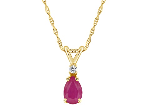 6x4mm Pear Shape Ruby with Diamond Accent 14k Yellow Gold Pendant With Chain