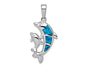 Rhodium Over Sterling Silver Blue Inlay Lab Created Opal Dolphin Pendant