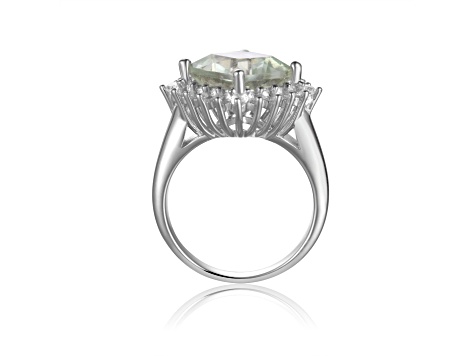 Checkerboard Square Cushion Cut Prasiolite with White Topaz Accents Sterling Silver Halo Ring