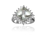 Checkerboard Square Cushion Cut Prasiolite with White Topaz Accents Sterling Silver Halo Ring