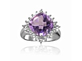 Checkerboard Square Cushion Cut Amethyst with White Topaz Accents Sterling Silver Halo Ring