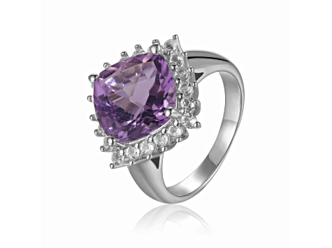 Checkerboard Square Cushion Cut Amethyst with White Topaz Accents Sterling Silver Halo Ring