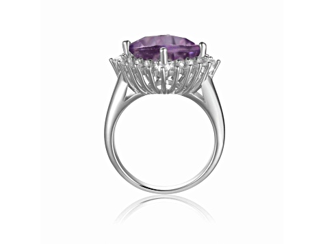 Checkerboard Square Cushion Cut Amethyst with White Topaz Accents Sterling Silver Halo Ring