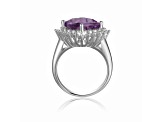 Checkerboard Square Cushion Cut Amethyst with White Topaz Accents Sterling Silver Halo Ring