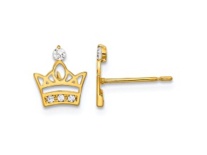 14k Yellow Gold Kids Cubic Zirconia Crown Stud Earrings