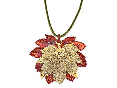 Iridescent Copper and 24k Yellow Gold Dipped Double Full Moon Maple Leaf 20 Inch Necklace