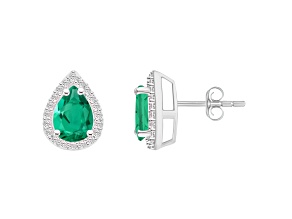 7x5mm Pear Shape Created Emerald And Created White Sapphire 10k White Gold Halo Stud Earrings