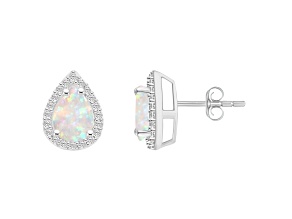 7x5mm Pear Shape Created Opal And Created White Sapphire 10k White Gold Halo Stud Earrings