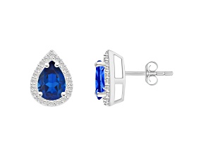 7x5mm Pear Shape Created Sapphire And Created White Sapphire 10k White Gold Halo Stud Earrings