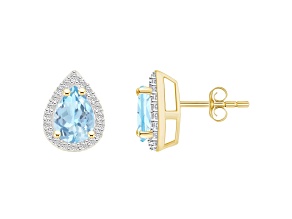 7x5mm Pear Shape Simulated Aquamarine And Created White Sapphire 10k Yellow Gold Halo Stud Earrings