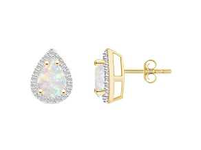 7x5mm Pear Shape Created Opal And Created White Sapphire 10k Yellow Gold Halo Stud Earrings