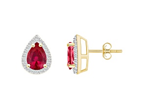 7x5mm Pear Shape Created Ruby And Created White Sapphire 10k Yellow Gold Halo Stud Earrings