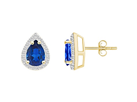 7x5mm Pear Shape Created Sapphire And Created White Sapphire 10k Yellow Gold Halo Stud Earrings