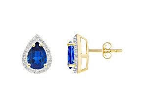 7x5mm Pear Shape Created Sapphire And Created White Sapphire 10k Yellow Gold Halo Stud Earrings