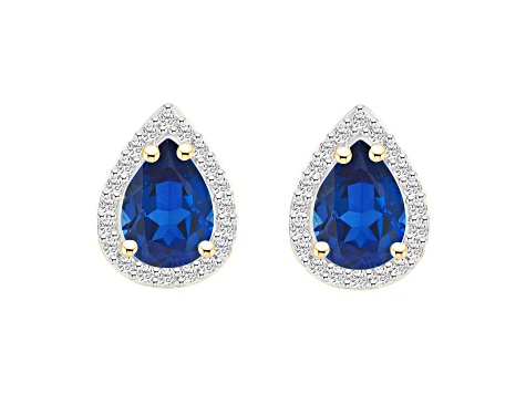 7x5mm Pear Shape Created Sapphire And Created White Sapphire 10k Yellow Gold Halo Stud Earrings
