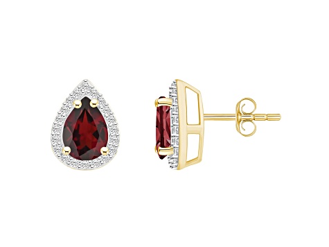 7x5mm Pear Shape Garnet And Created White Sapphire 10k Yellow Gold Halo Stud Earrings