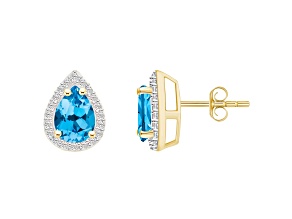 7x5mm Pear Shape Blue Topaz And Created White Sapphire 10k Yellow Gold Halo Stud Earrings