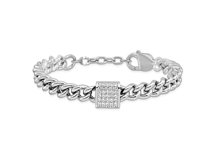 【使い勝手の良い】 Rhodium Over Sterling Silver Cubic Zirconia Curb Link 7 Inch アクセサリー