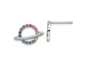 Rhodium Over Sterling Silver Multi-color Crystal Planet Children's Post Earring
