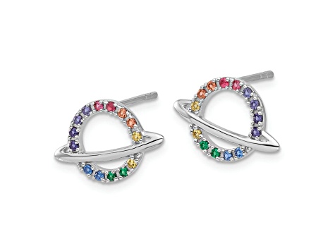 Rhodium Over Sterling Silver Multi-color Crystal Planet Children's Post Earring