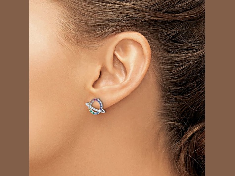 Rhodium Over Sterling Silver Multi-color Crystal Planet Children's Post Earring