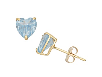 Picture of Lab Created Aquamarine Heart Shape 10K Yellow Gold Stud Earrings, 1.6ctw