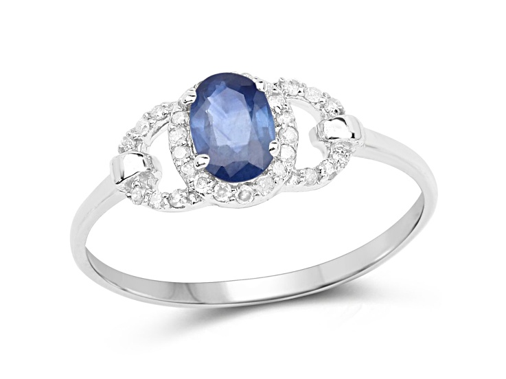 Natural Blue Sapphire and White Diamond 10K White Gold Halo Style Ring Gift For Women