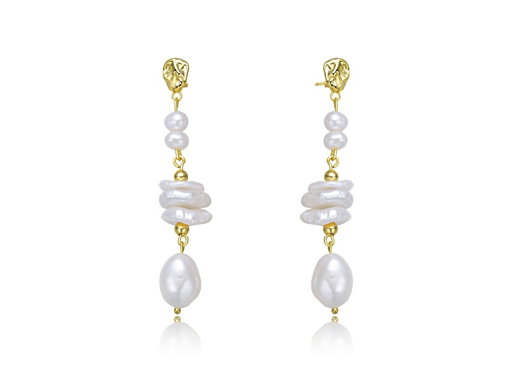 14K Yellow Gold Plating over Sterling Silver and Genuine Freshwater Pearl Dangling and Drop Earrings