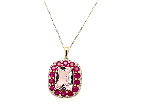 Pink Morganite, Ruby and White Diamond 14K Yellow Gold Necklace