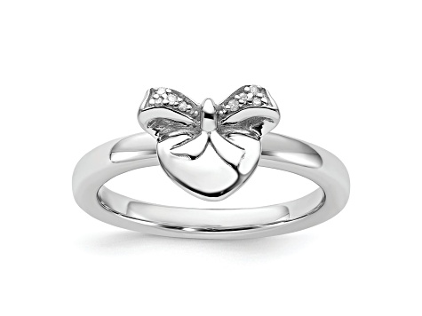 Sterling Silver Stackable Expressions Heart with Bow Diamond Ring 0.024ctw