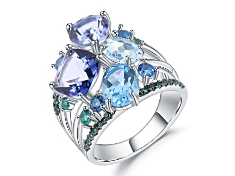 Multi-color Quartz, Blue Topaz and Green Nanocrystal Rhodium Over Sterling Silver Ring