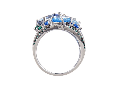 Multi-color Quartz, Blue Topaz and Green Nanocrystal Rhodium Over Sterling Silver Ring