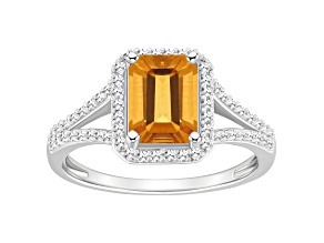 8x6mm Emerald Cut Citrine 1/4 ctw Diamond Rhodium Over Sterling Silver Halo Ring